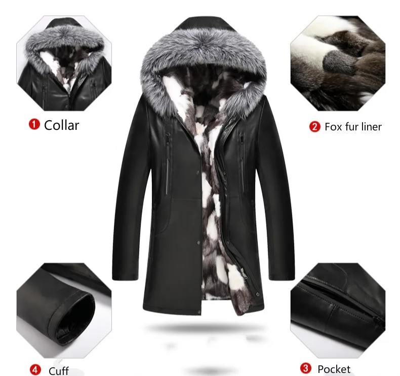 AYUNSUE зимняя куртка из натуральной кожи мужская с натуральным лисьим мехом подкладка из овчины пальто для мужчин с капюшоном натуральный мех пальто и куртки KJ1365