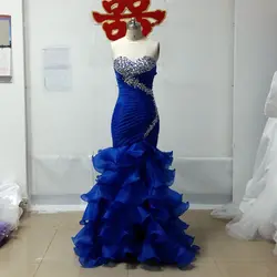 Новый Пром Dress Русалка длинные Королевский Синий Красный Бисероплетение Кристалл Многоуровневое Органза Пром платья 2017