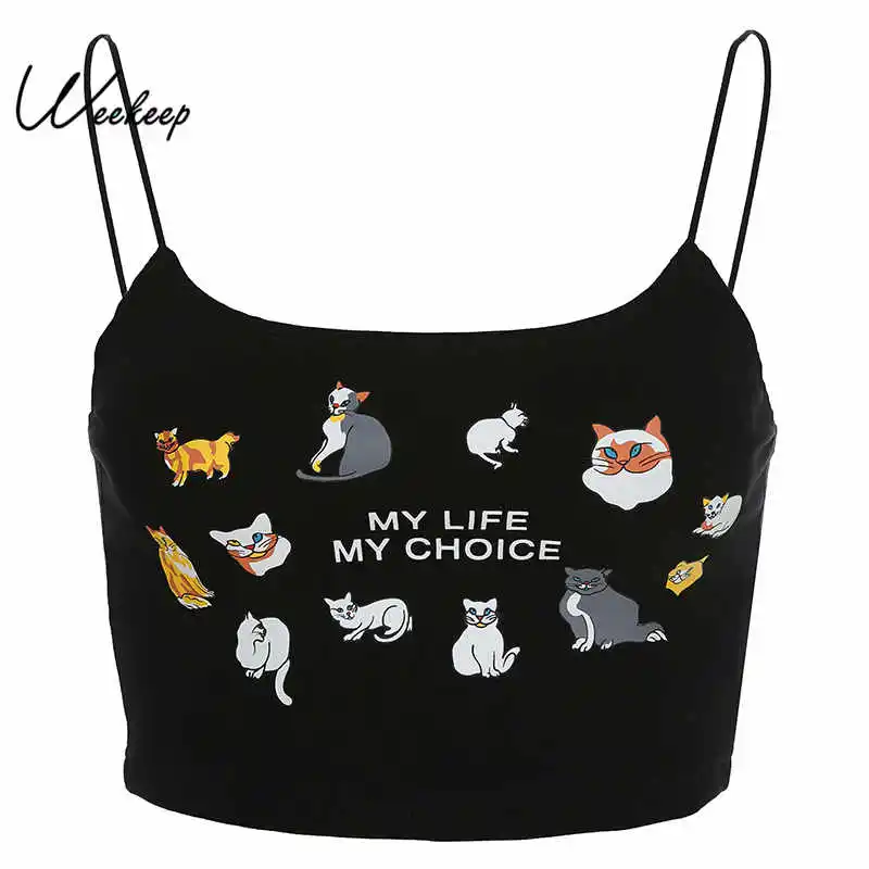 

Weekeep Cropped Bodycon Backless Camisole Women Black Printed Summer Casual Crop Top 2019 Sexy Strap Crop Tops