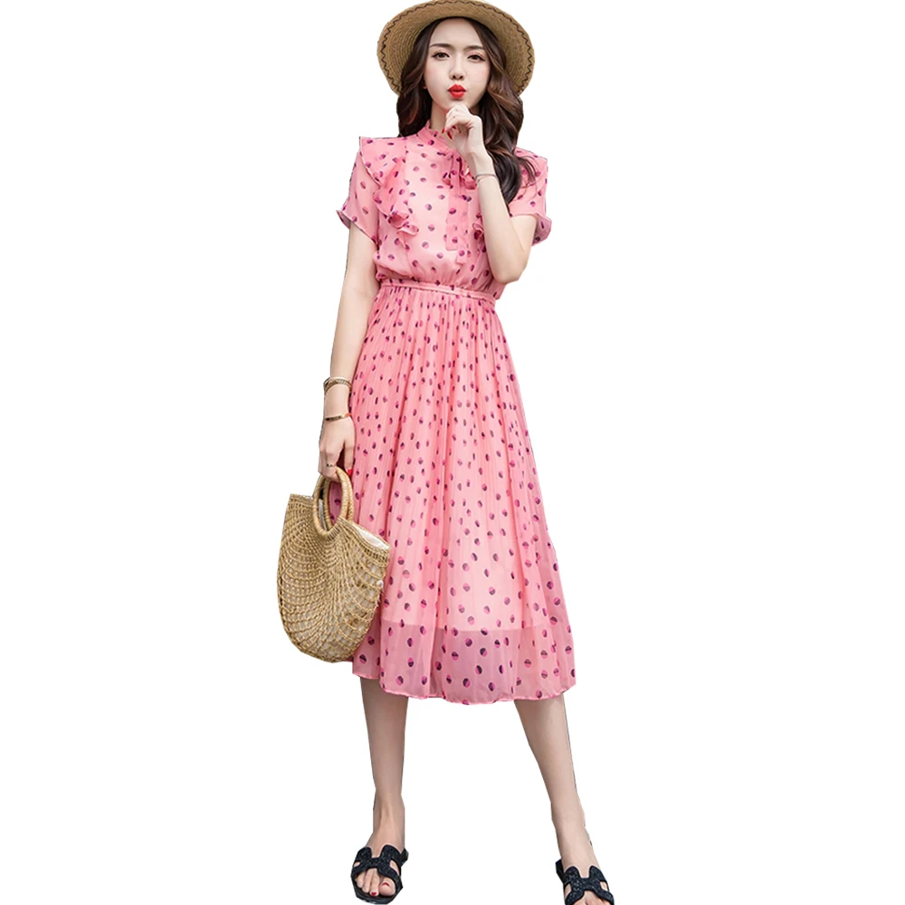 

Dots Printed Woman Chiffon Dress Bow-neck Ruffles Sweet Dress Woman Summer A-line Beach Dress for Woman Casual Mid Dress