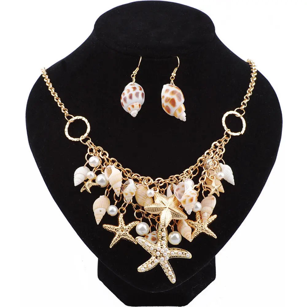 Lot Starfish Sea Snail Earrings Necklace Bracelet Suit Pearl Shell Double Sautoir Charm Conch Seashell Drop Earring Jewelry Sets