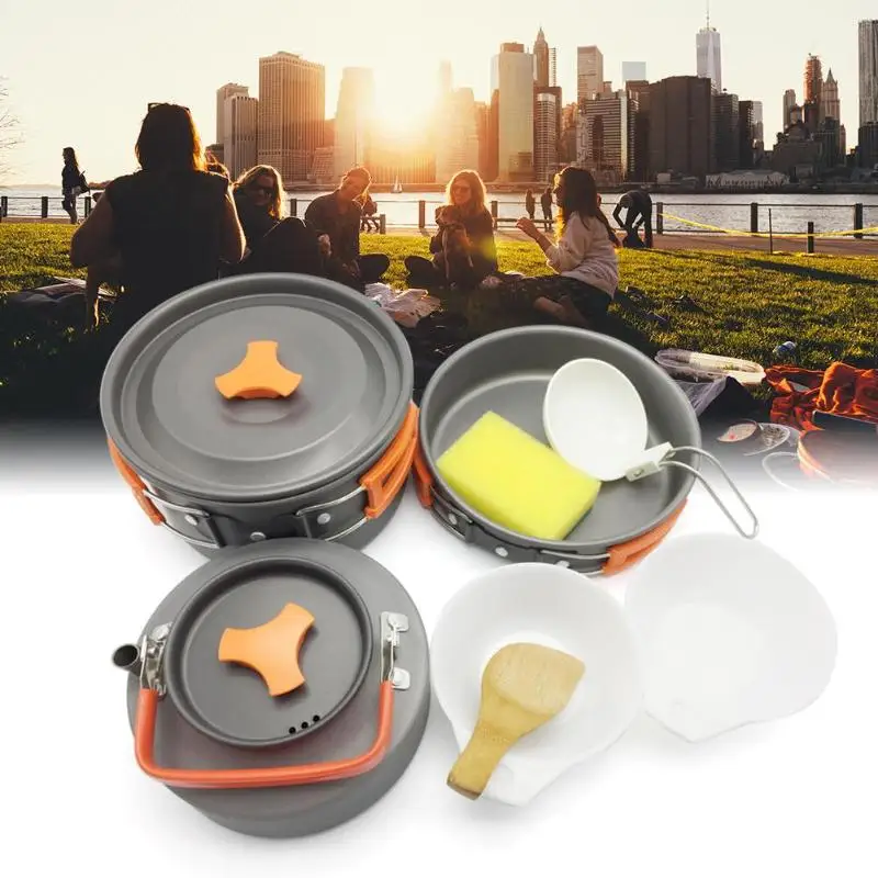 8 unids/set 2-3 personas Cookware Bowl Pot cuchara para Camping al aire libre senderismo mochila portátil Picnic barbacoa TablewareZ70