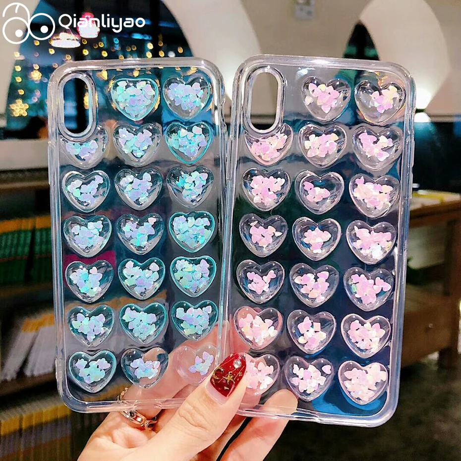 

Qianliyao 3D Glitter Hearts Case For iPhone X XS XR XS Max Case Silicone TPU Cover Love Coque For iPhone 6 6S 7 8 Plus X Cases