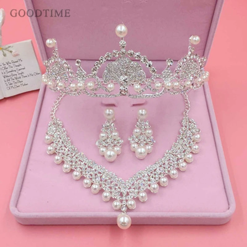 

Fashion Woman Crystal Pearls Bridal Jewelry Sets Choker Necklace Earrings Tiara Bride Women Luxury Wedding Jewelry Set