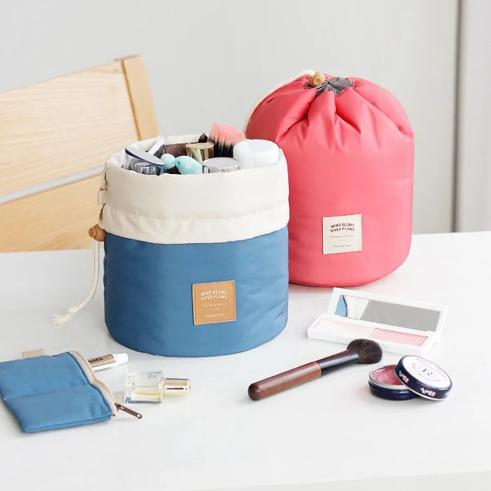 Barrel Shaped Travel Cosmetic Bag Nylon High Capacity Drawstring