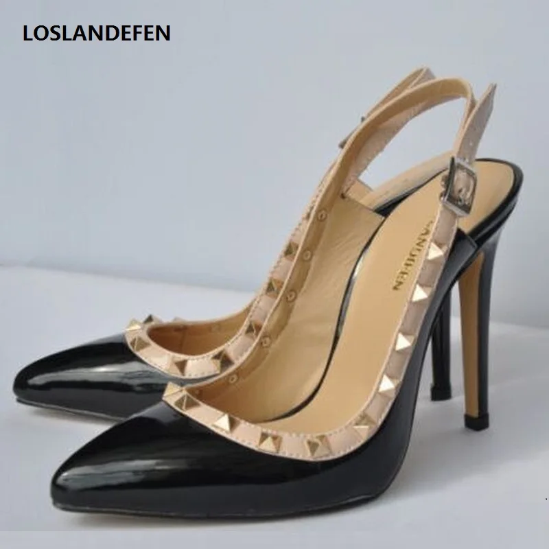 LOSLANDIFEN Brand Pointed Toe Studded Black High Heels Rivets Women ...