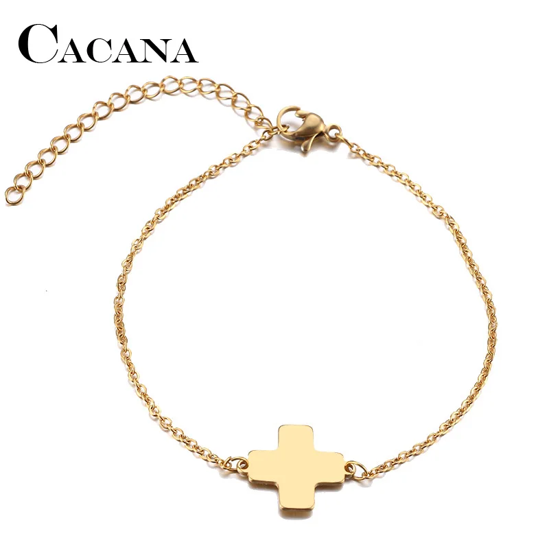 CACANA Stainless Steel Bracelet For Women Man Red Cross Gold And Silver Color Pulseira Feminina Lover's Engagement Jewelry