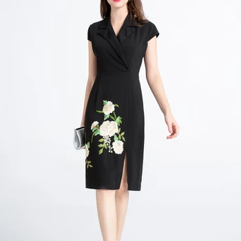 

New Arrival Women Flower Embroidery Dress Elegant Turn-Down Collar Sleeveless Mini Dresses F5133