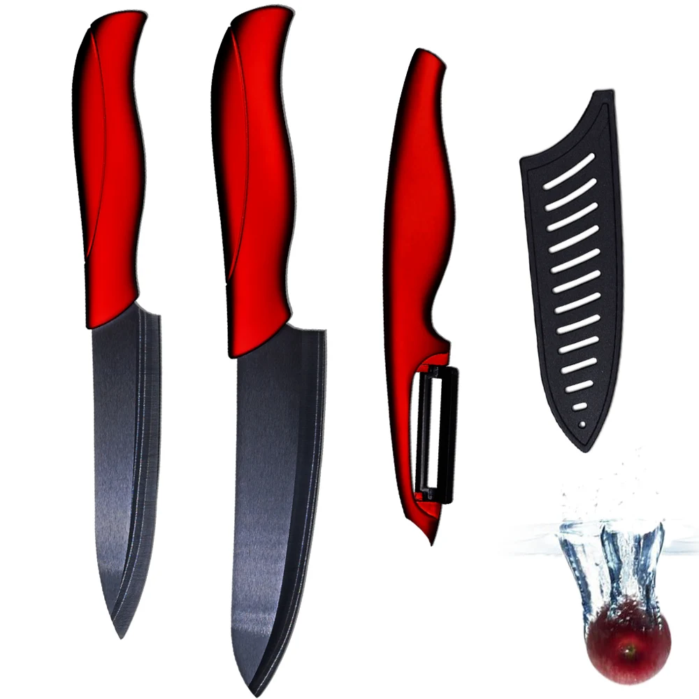 Sharp ceramic knife set 5 inch slicing knife 6 inch chef knife and one black red