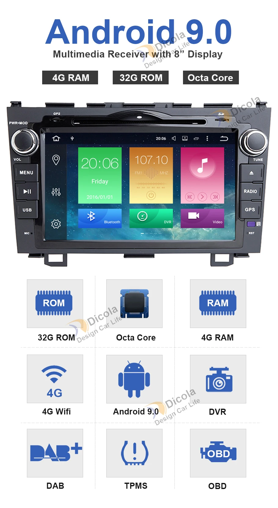 Excellent 4+32G Octa Core PX5 2 din Android 9 Car DVD Multimedia Player for Honda CRV CR-V 2007-2011 WiFi Stereo navi GPS BT 1024 * 600 3