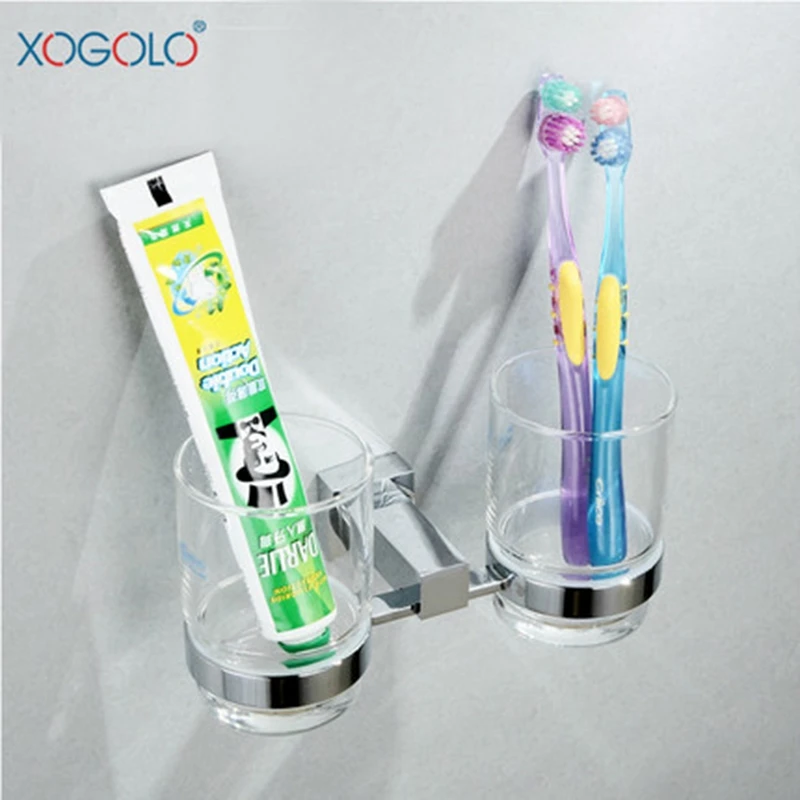 ФОТО Xogolo Modern Style Luxury Chrome Double Tumbler Accessories Toothbrush Holder Glass Wall Mounted Bathroom Cup Holder