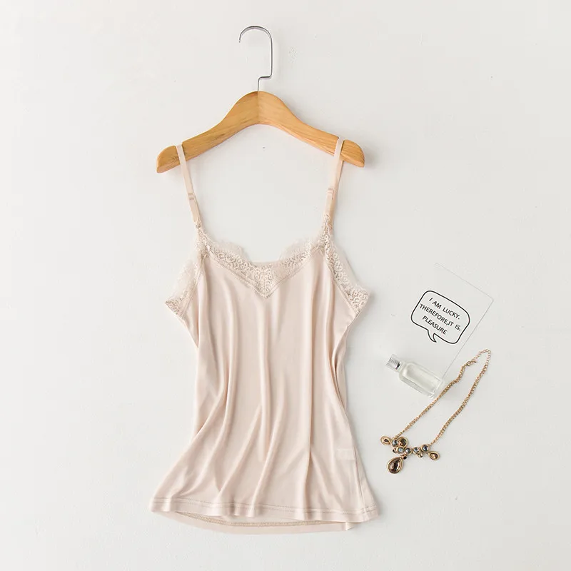 

2019 Summer Nature Silk Women Short Camisoles Solid Inside Backless Casual V-Neck Eyelash Side Real Silk Sling Ladies Bottoming