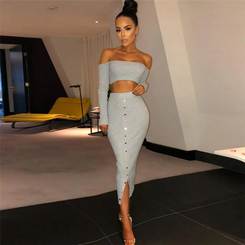 Two Piece Dress 2018 Autumn Long Sleeve Short Tops Button Dress Women Banage Slim Solid Work Party Club Set 