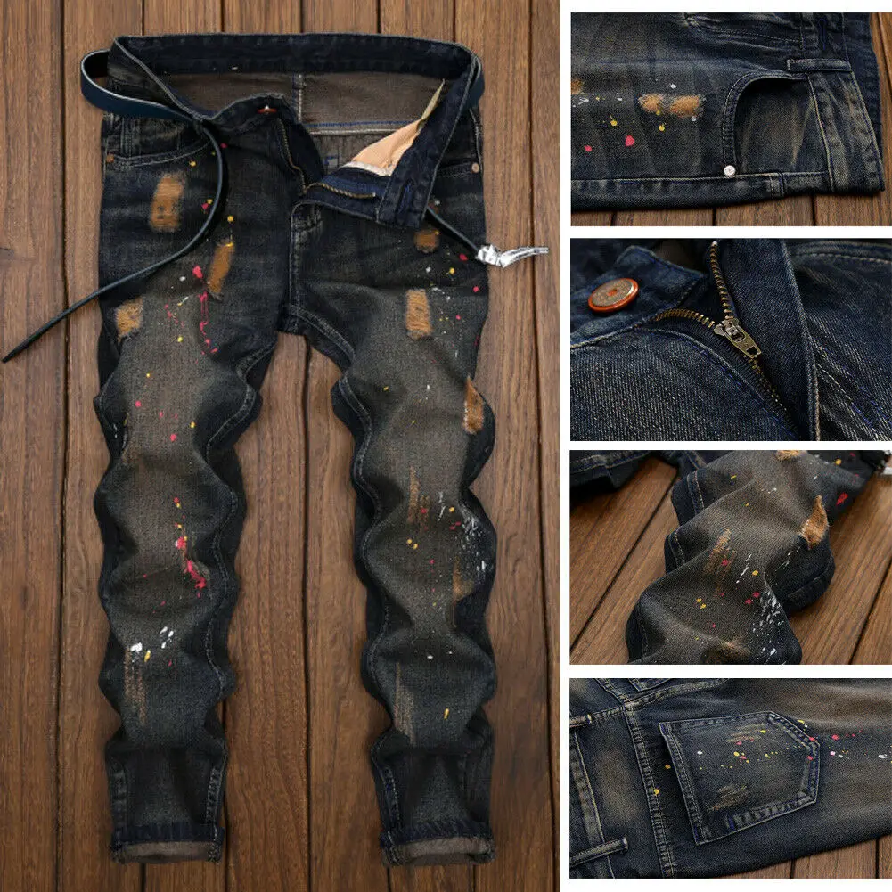 

Men's Ripped Biker Skinny Jeans Hole Frayed Destroyed Fashion Size 28-36 2019 New
