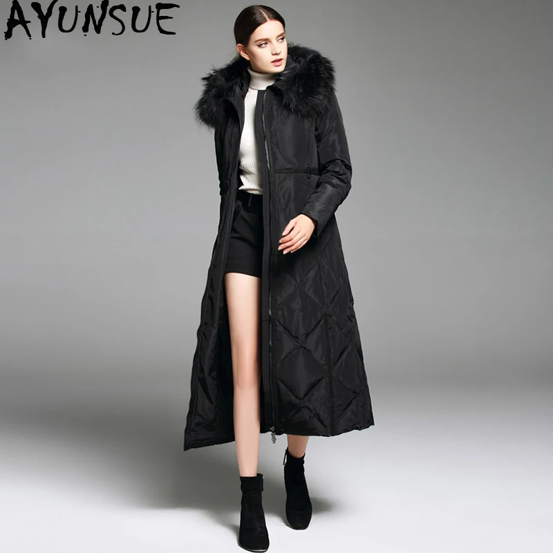 AYUNSUE New Long Duck Down Jacket Women Large Fur Collar Women's Jackets Thickened Black Winter Coat Chaqueta Mujer KJ448