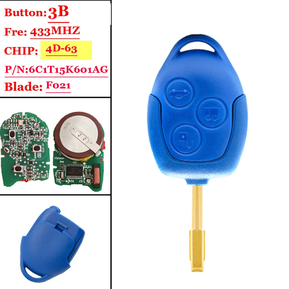 После рынка 433 МГц 4D63 чип P/N: 6C1T15K601AG 3 кнопки дистанционный ключ-брелок от машины для Ford Transit WM VM с голубым лезвием FO12