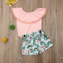 Pudcoco/Летняя одежда для маленьких девочек; комбинезон с оборками и открытыми плечами; топы с цветочным принтом; шорты; комплект из 2 предметов; летняя одежда