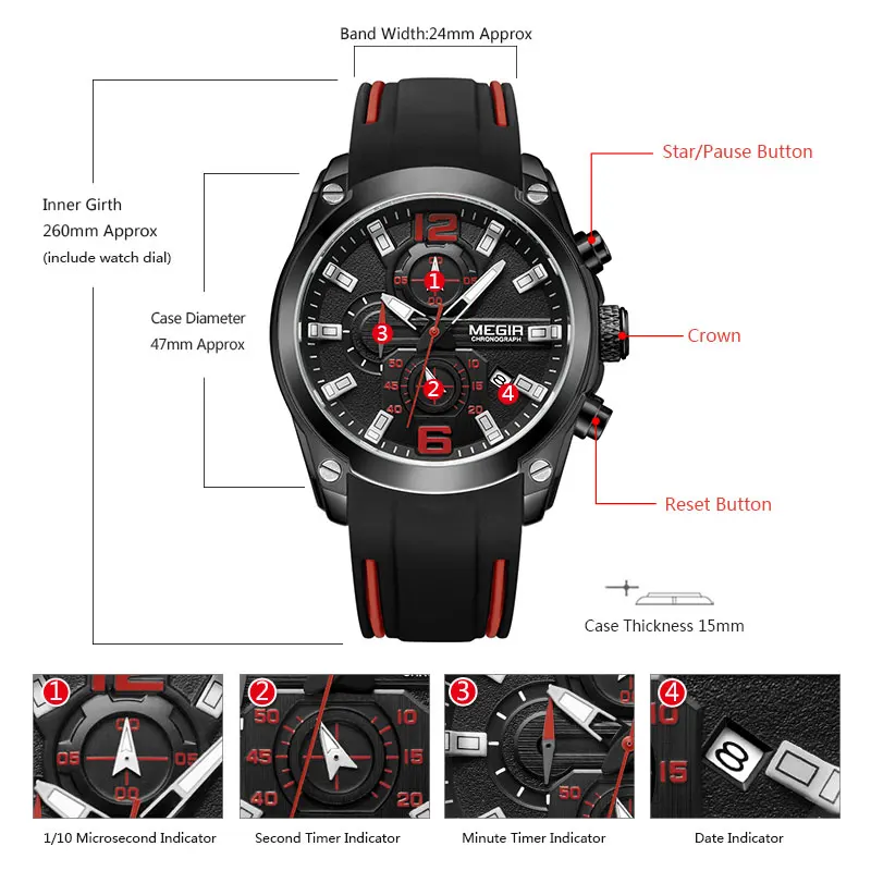 Megir Мужские кварцевые аналоговые часы с хронографом, спортивные Военные Силиконовые браслеты, светящиеся стрелки, индикатор Даты, наручные часы 2063G