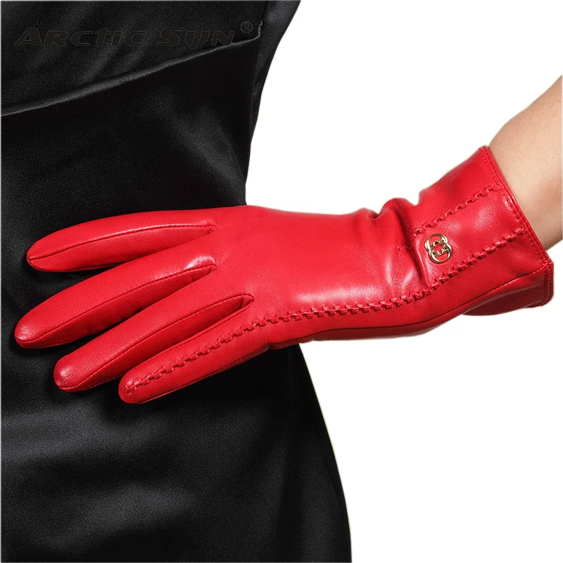 Brand Genuine Leather Gloves Autumn Winter Plus Warm Velvet Women Sheepskin Gloves Fashion Elegant Lady Driving Glove L170NC
