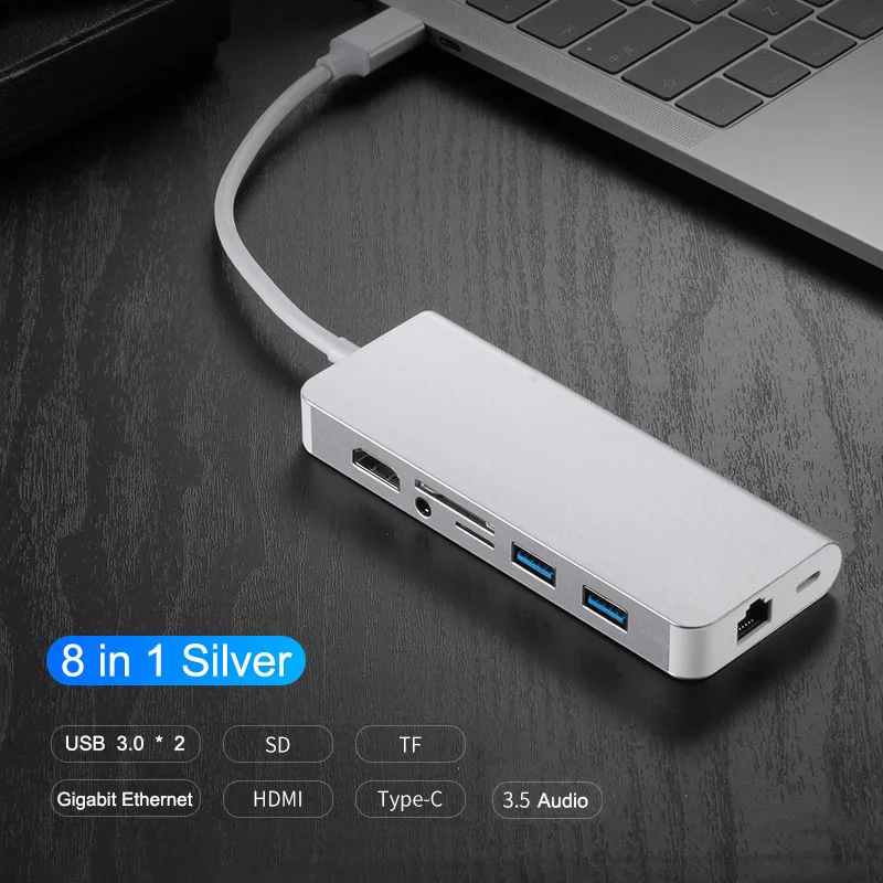 8 in 1 USB 3.1 Type C HUB to 4K HDMI 3.5mm Audio RJ45 Gigabit Ethernet Adapter with Type C PD Charging SD TF Card Reader USB HUB - Цвет: 8 in 1 Silver