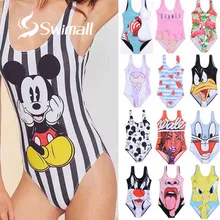 Женская одежда для плавания, сдельный купальник, мультяшный купальник с высокой талией и открытой спиной, бикини размера плюс, одежда для плавания, купальный костюм, боди, монокини