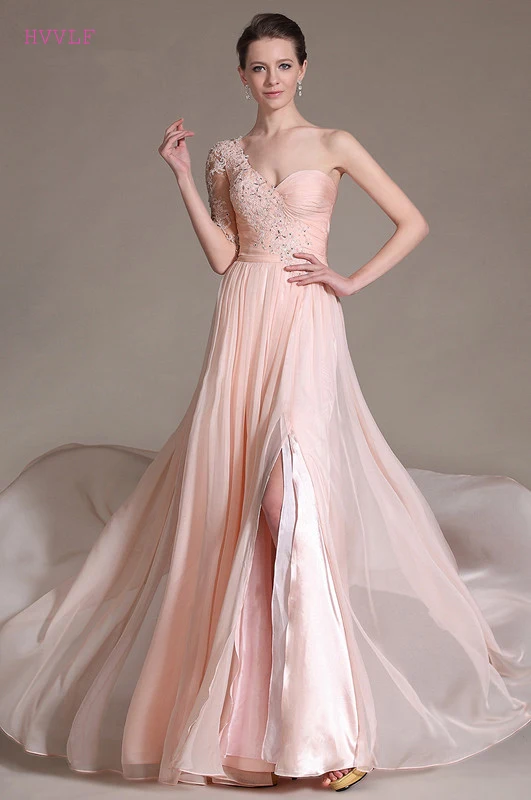 Free-Shipping-New-A-Line-One-Shoulder-Pink-Chiffon-Evening-Gowns (2)