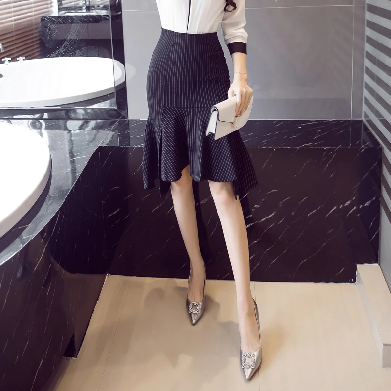 

SZMXSS sexy fashion office women's Pinstripe tight hip fish tail skirt cotton brocade lotus leaf high waist elastic long skirt