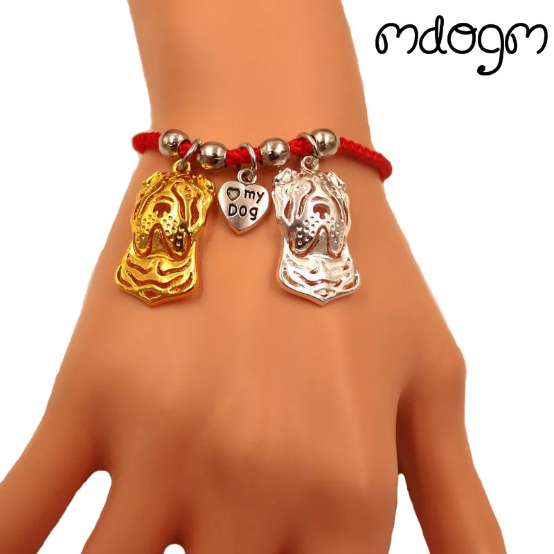 

Chinese Shar Pei Dog Animal Charm Bracelet For Women Men Couple Love Rope Male Female Pearl Red Heart Black Girls jewelry Gift