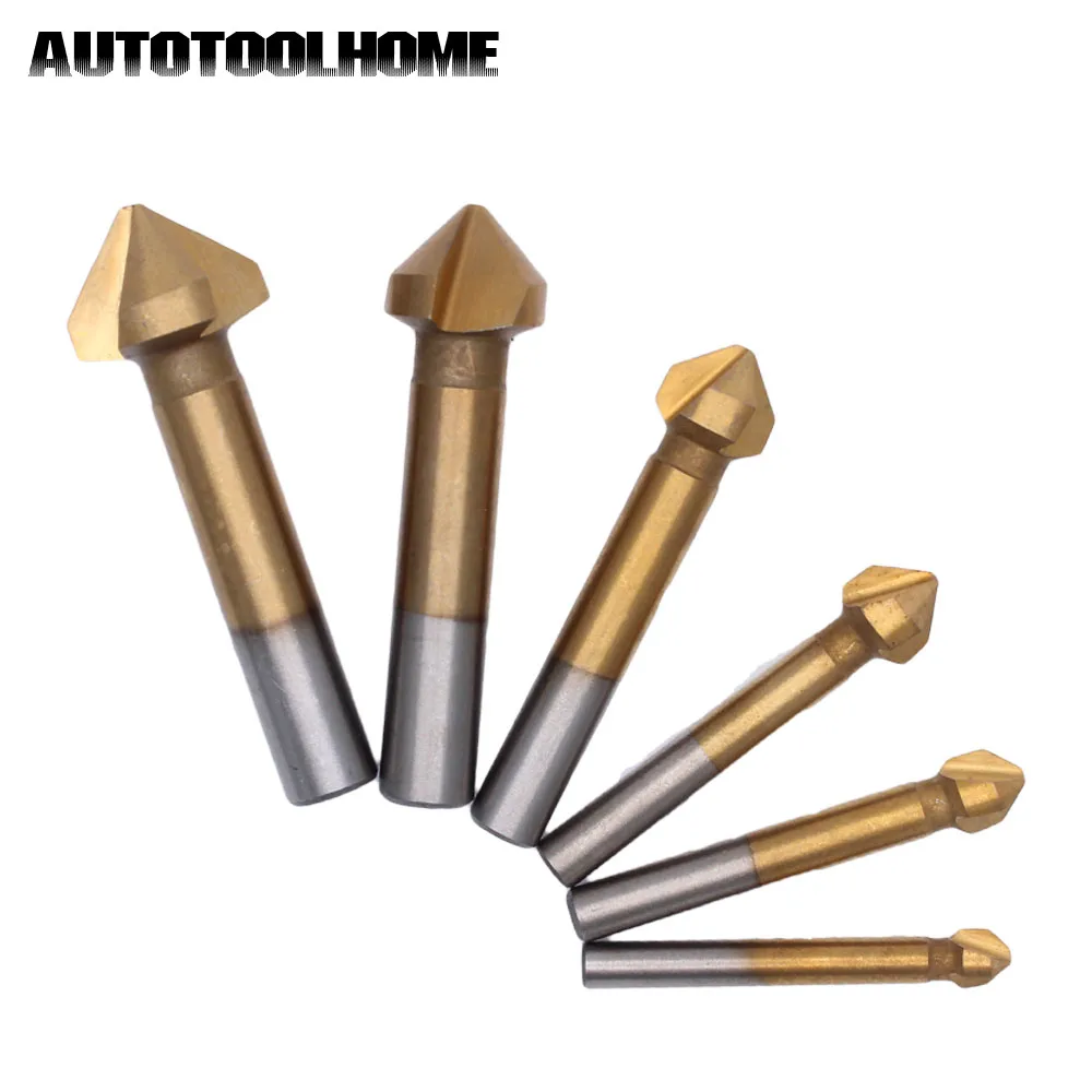 AUTOTOOLHOME 6PC 3 flute 90 degree Titanium Coated HSS Chamfer Cutter