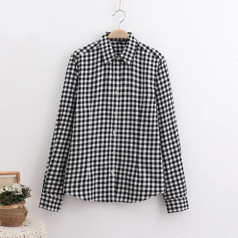 

2019 New Plaid Blouses & Shirts Women Cotton Soft Long Sleeve T Shirts Female High quality Spring Button Tops For Girls Black