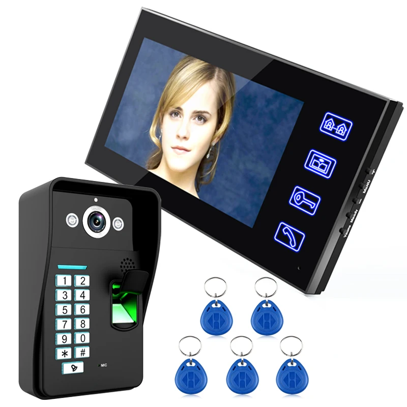 

MOUNTAINONE 7 inch RFID Fingerprint Video Door Phone Intercom Doorbell With IR-CUT IR Camera HD 1000 TV Line Wireless Remote