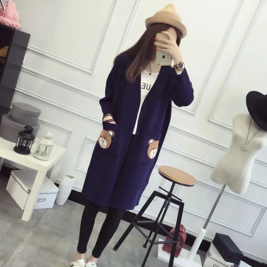 2018 Autumn And Winter Dress Cardigan Women's Long Section Long-Sleeved Jacket Sweater Bear Pattern Outside Shirt |