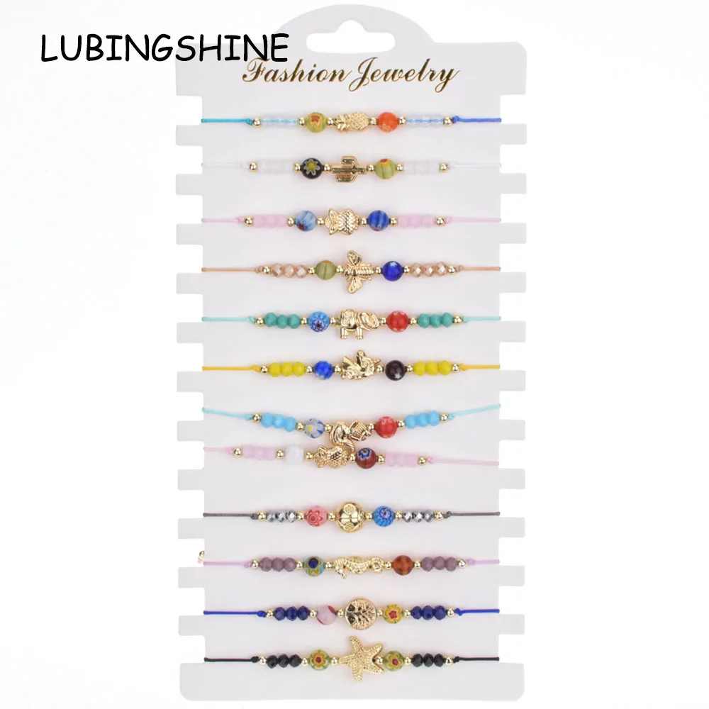

12pcs/Sets Women Crystal Beads Bracelets&Bangles Adjustable Rope Chain Turtle Owl Tree of Life Charms Wristband Jewelry Gifts