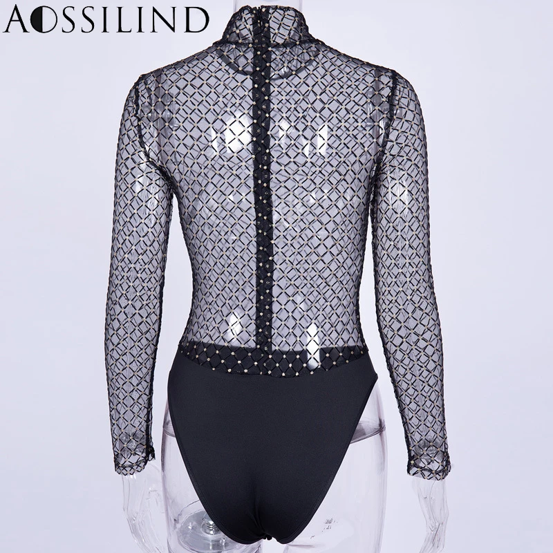 AOSSILIND Sexy See Through Black Mesh Bodysuit Women Turtleneck Grid Long Sleeve Transparent Party Club Skinny Bodysuit
