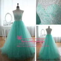 2014 New Arrival Real Sample Sleeveless White Lace Top and Mint Green Tulle Puffy Prom Girls Dresses Long Evening Party