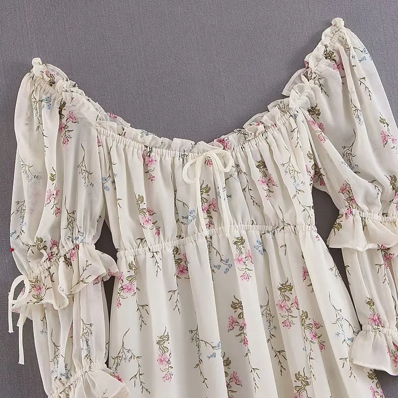 Мода женское шикарное шифоновое платье с цветочным принтом элегантное женское сексуальное романтическое летнее платье с открытой спиной и пышными рукавами LJPZ8999