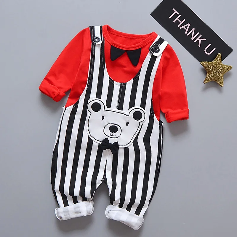 New Spring Newborn Girl Boy Clothing Sets Baby Clothes Suits Infant Lapel T-Shirt Bear Smiley Face Strap Jeans Clothes 0-24M M