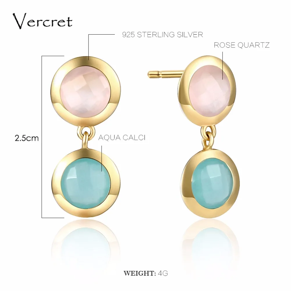 Vercret natural stone rose quartz earrings 18k gold 925 silver jewelry earrings for women gift Fine Jewelry