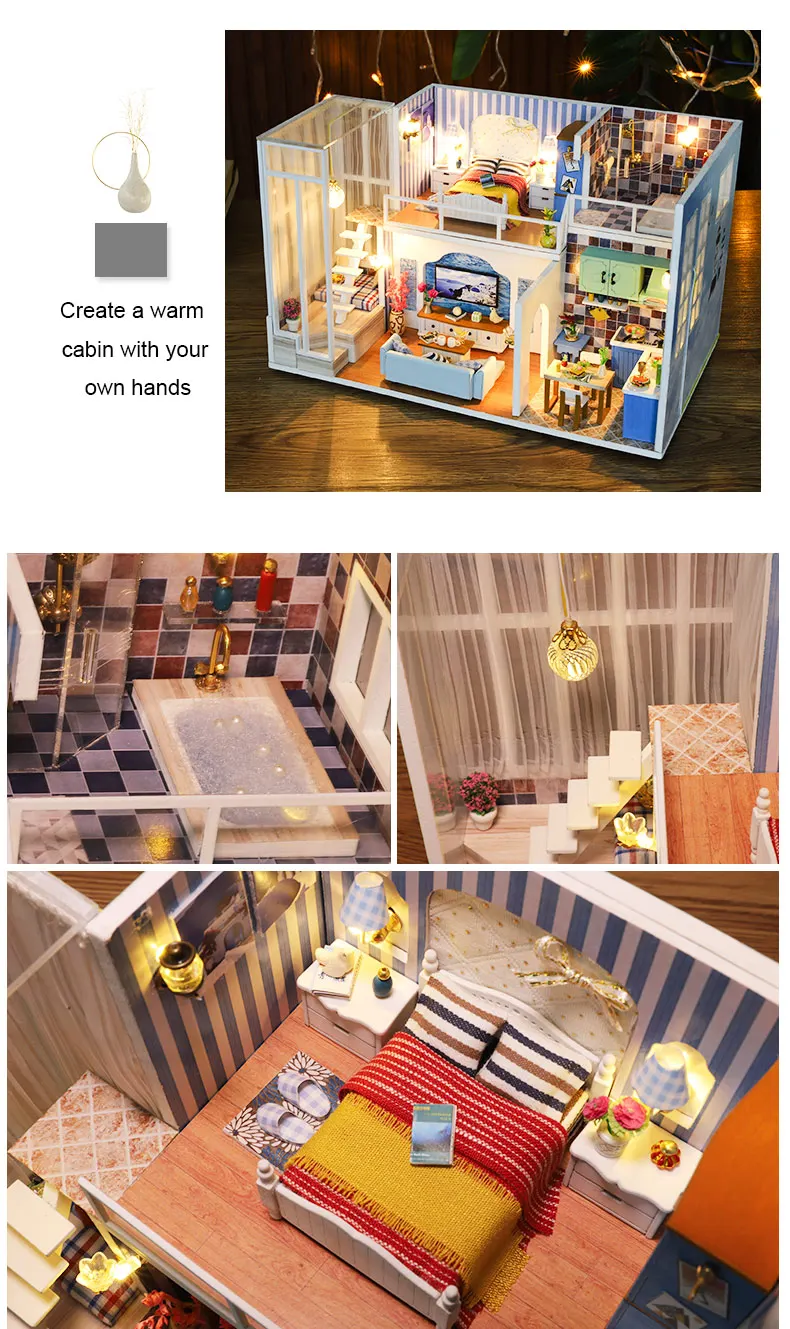 Cutebee DIY House Miniature with Furniture LED Music Dust Cover Model Building Blocks Toys for Children Casa De Boneca J13
