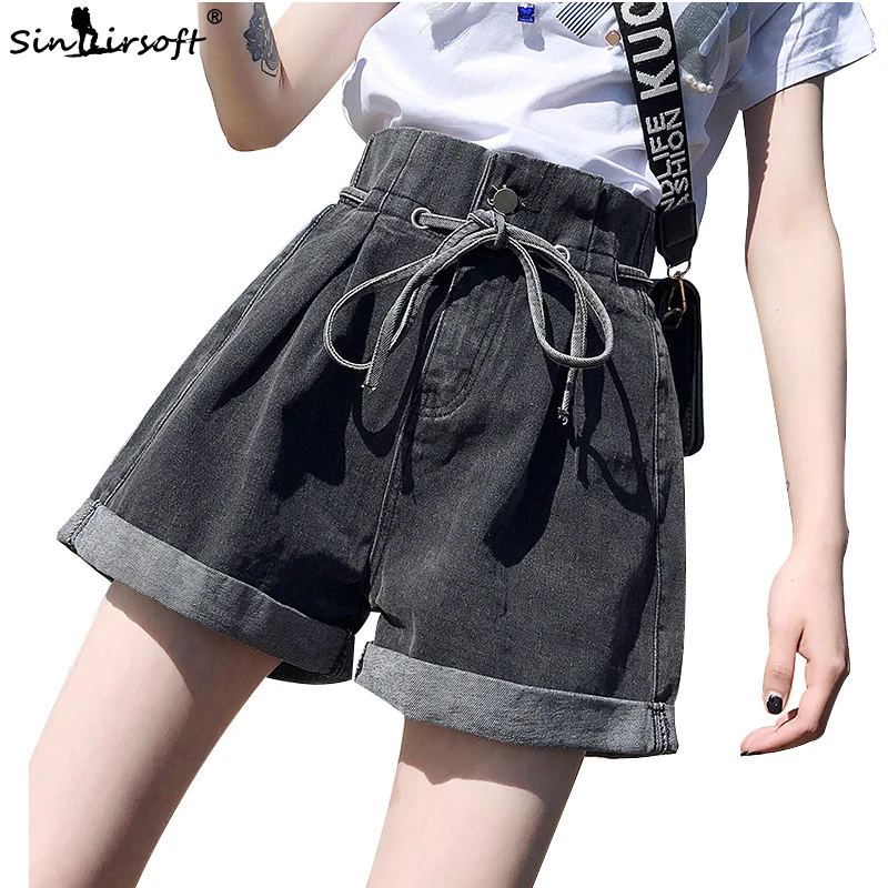 

Vintage High Waist Crimping Denim Shorts Women 2019 Korean Style Casual Drawstring Shorts Jeans Summer Hot Short Women