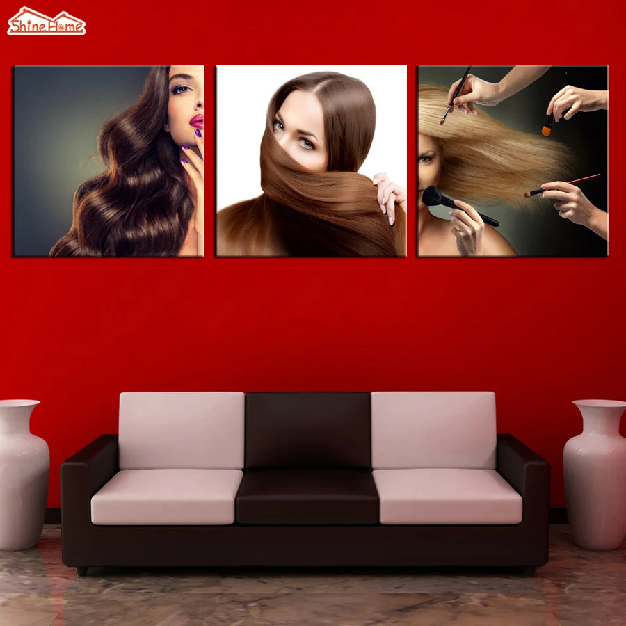 ShineHome 3pcs Canvas Prints Modular Paintings Beauty Hair Salon Figure
