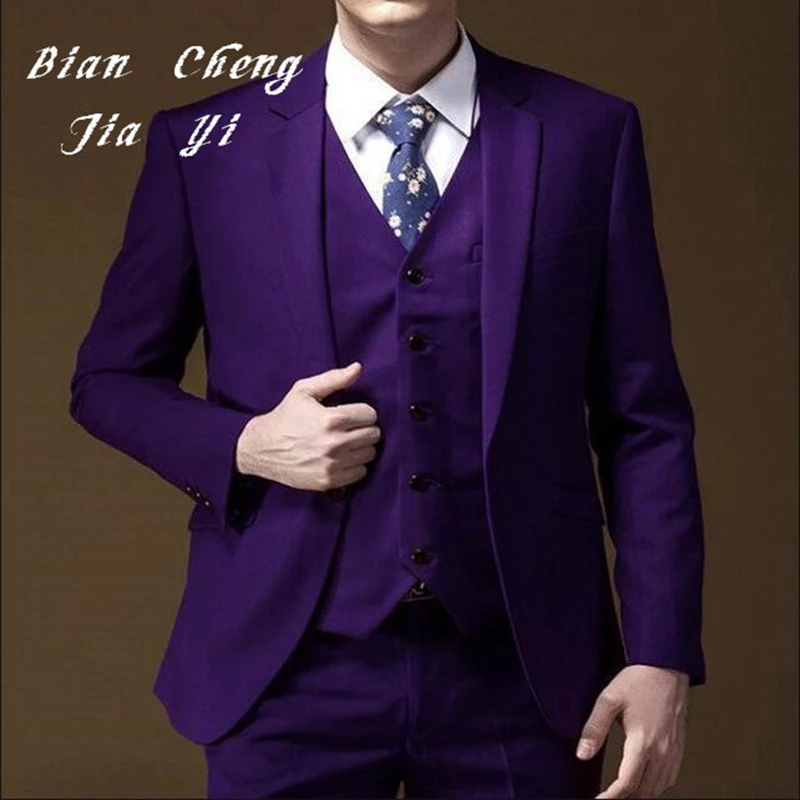 

High quality Purple Notched lapel Men Suits Slim Fit Suits Bespoke Groom Tuxedo Blazer for Wedding Prom Jacket Pants with Vest