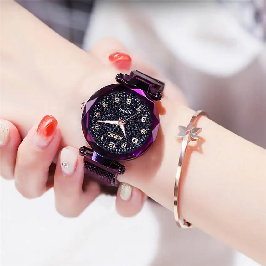 Классические роскошные модные часы Для женщин часы Звездное небо плоским Стекло кварц сетки с магнитной застежкой женские часы