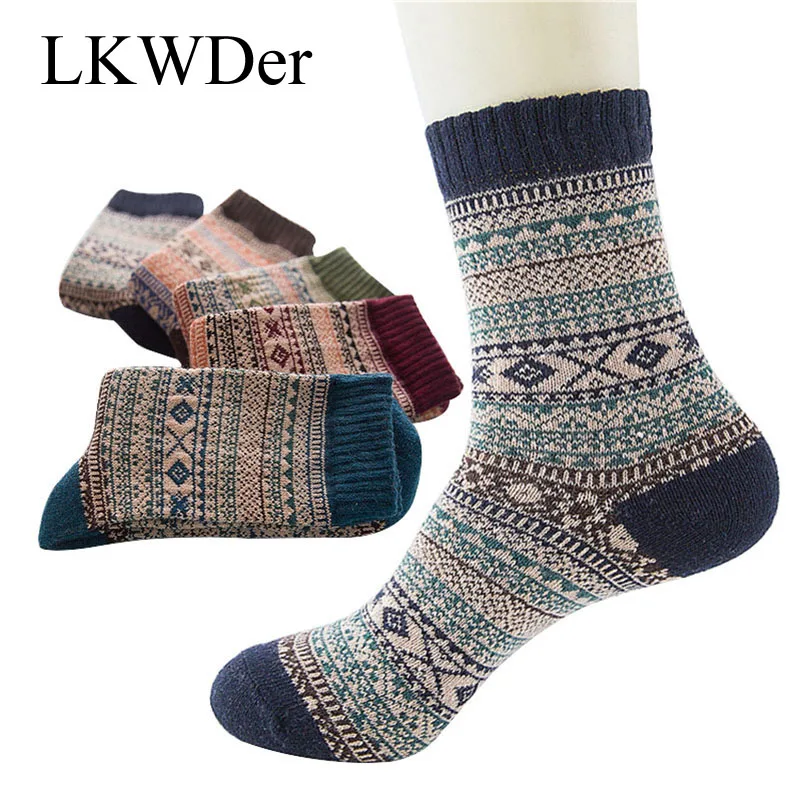 

5pairs Men Socks Vintage Striped Totem Winter Warm Teenager Merino Wool Socks Rabbit Wool Thick Thermal Socks Art For Male Mujer