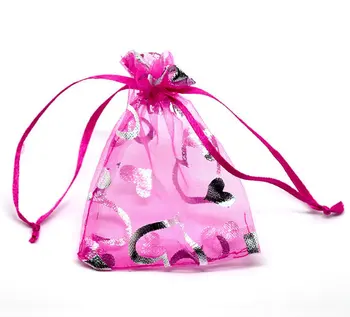 

100pcs/lot 9x12cm hot pink silver heart Organza Wedding Gift Bags Pouches
