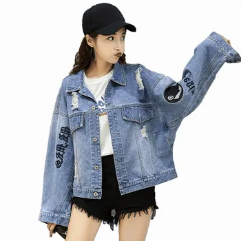 

Cowboy Women Coat 2019 Spring Autumn New Hole Loose Large size Jacket Long sleeve Single-breasted Denim Jackets Female JIA336