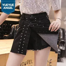 Высокая Талия Кукольное Брюки-клеш с вышивкой заклепки шорты Ковбойши юбки Новые брендовые модные тонкие тонкая на кнопках Fly женские шорты с оборками