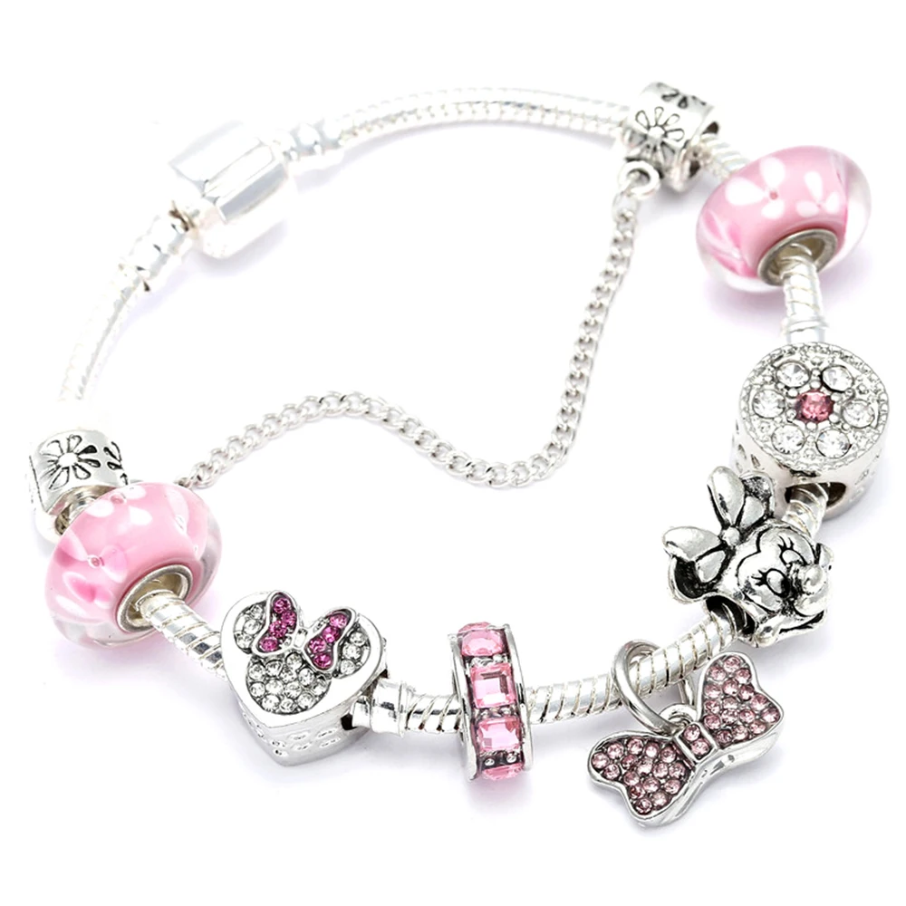 

Mickey Minnie Charm Bracelets & Bangles For Women Jewelry With Pink Bow-Knot Pendant Pandora Bracelet DIY Handmade for Girl