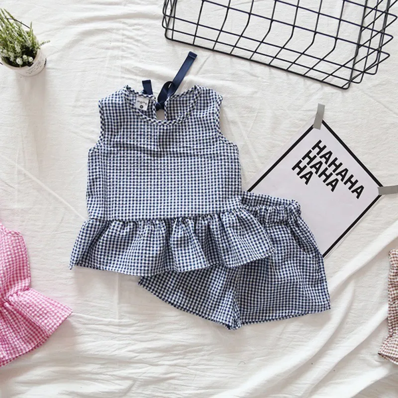 

Fashion Summer Children Girls Cute Baby Plaid Lattice Ruffles Vest Sleeveless Shirts + Shorts 2pcs Kids Clothes Sets