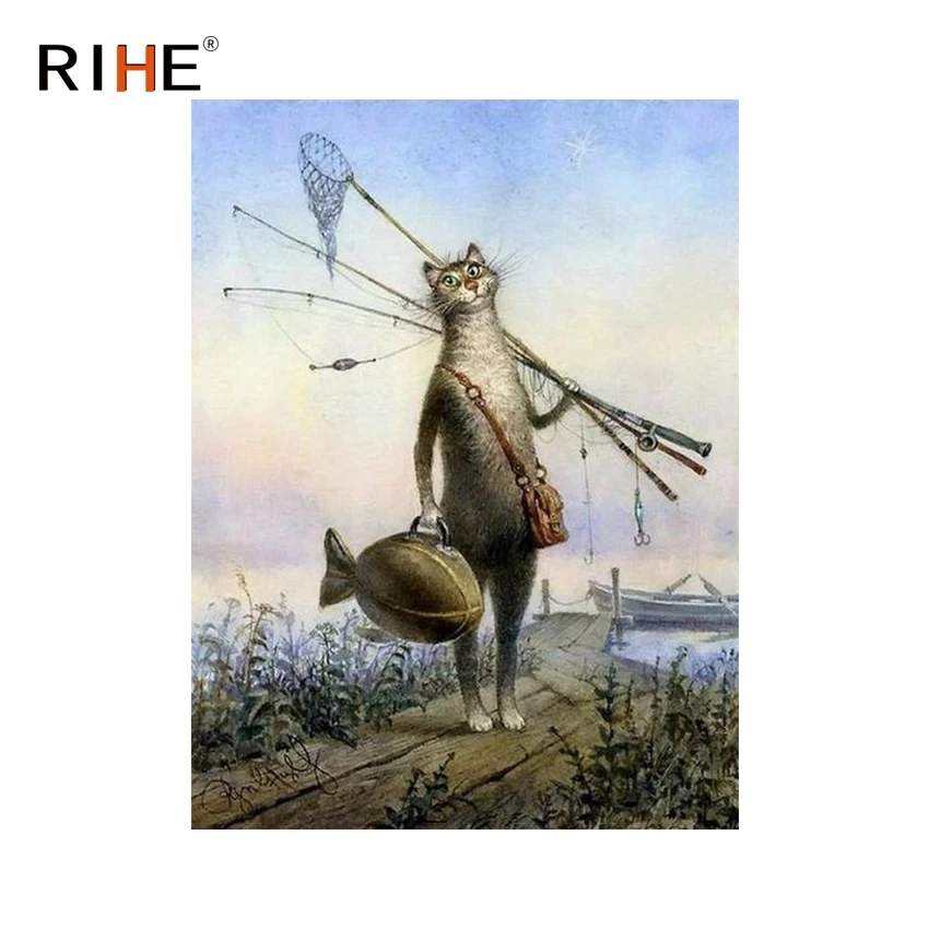 

RIHE Fishing Cat Diy Painting By Numbers Animal Oil Painting On Canvas Hand Painted Cuadros Decoracion Acrylic Paint Home Decor